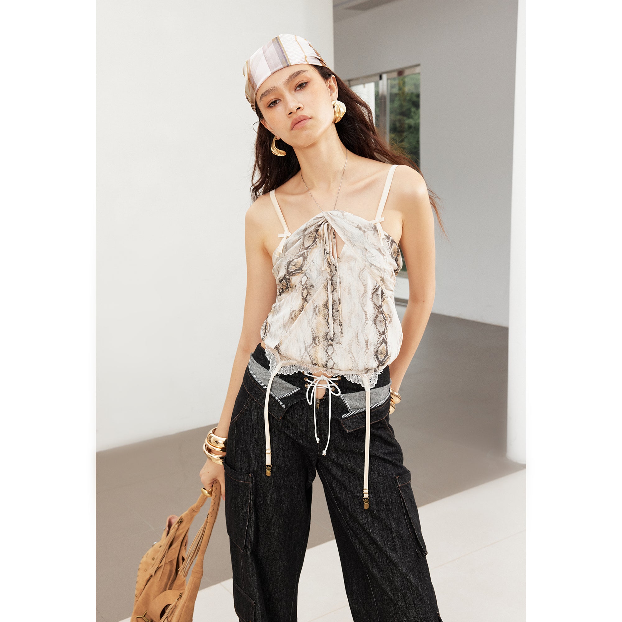 2th Desire Vintage Snake Print Ruffle Tie Up Crop Top