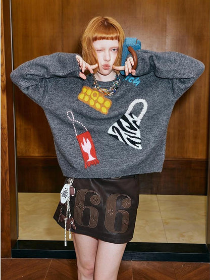 Fun Colorful Bag Embroidered Knit Sweater