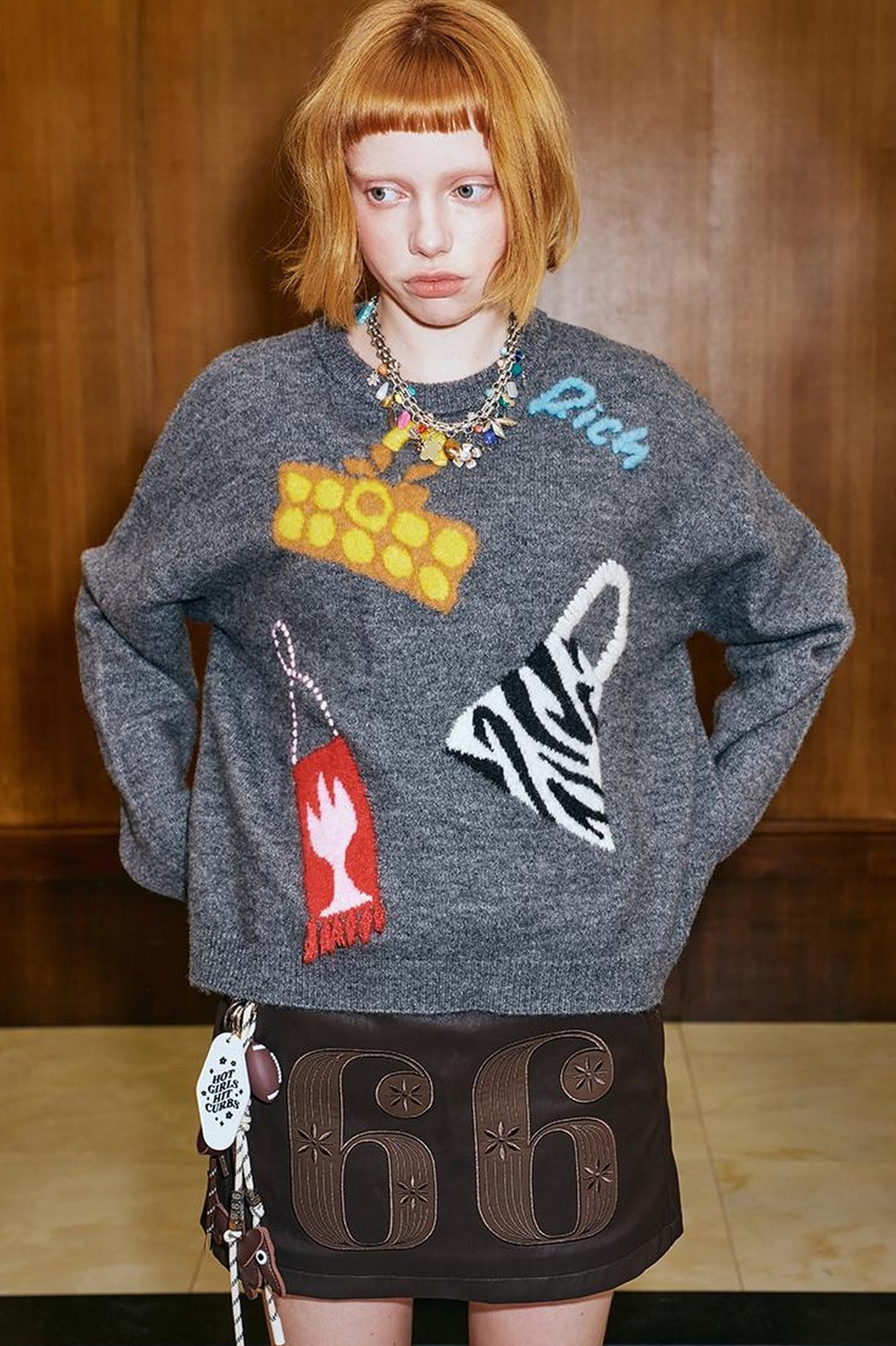 DIDDI MODA Fun Colorful Bag Embroidered Knit Sweater