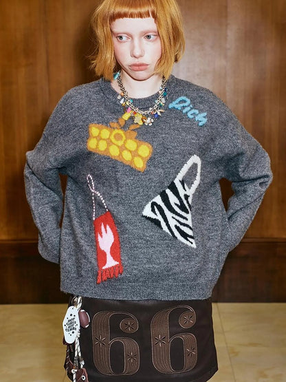 Fun Colorful Bag Embroidered Knit Sweater