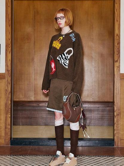 Fun Colorful Bag Embroidered Knit Sweater