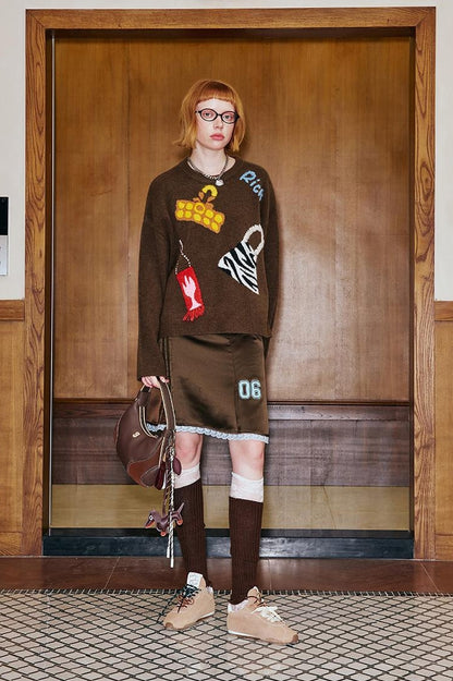 DIDDI MODA Fun Colorful Bag Embroidered Knit Sweater