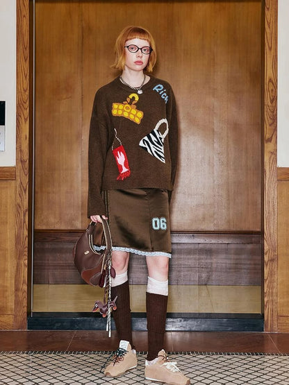 Fun Colorful Bag Embroidered Knit Sweater