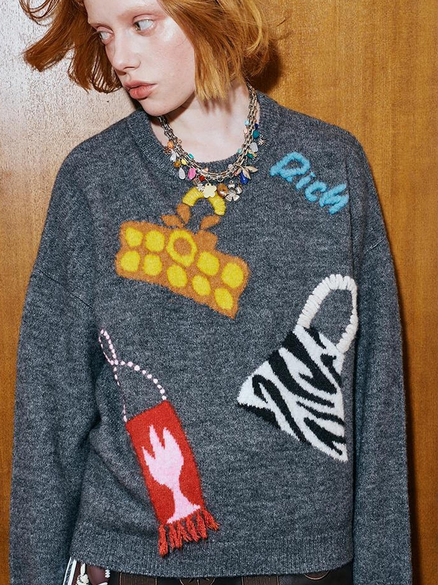 DIDDI MODA Fun Colorful Bag Embroidered Knit Sweater