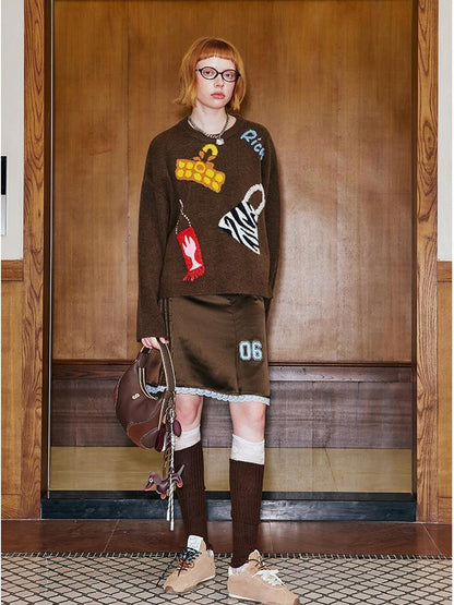 DIDDI MODA Fun Colorful Bag Embroidered Knit Sweater
