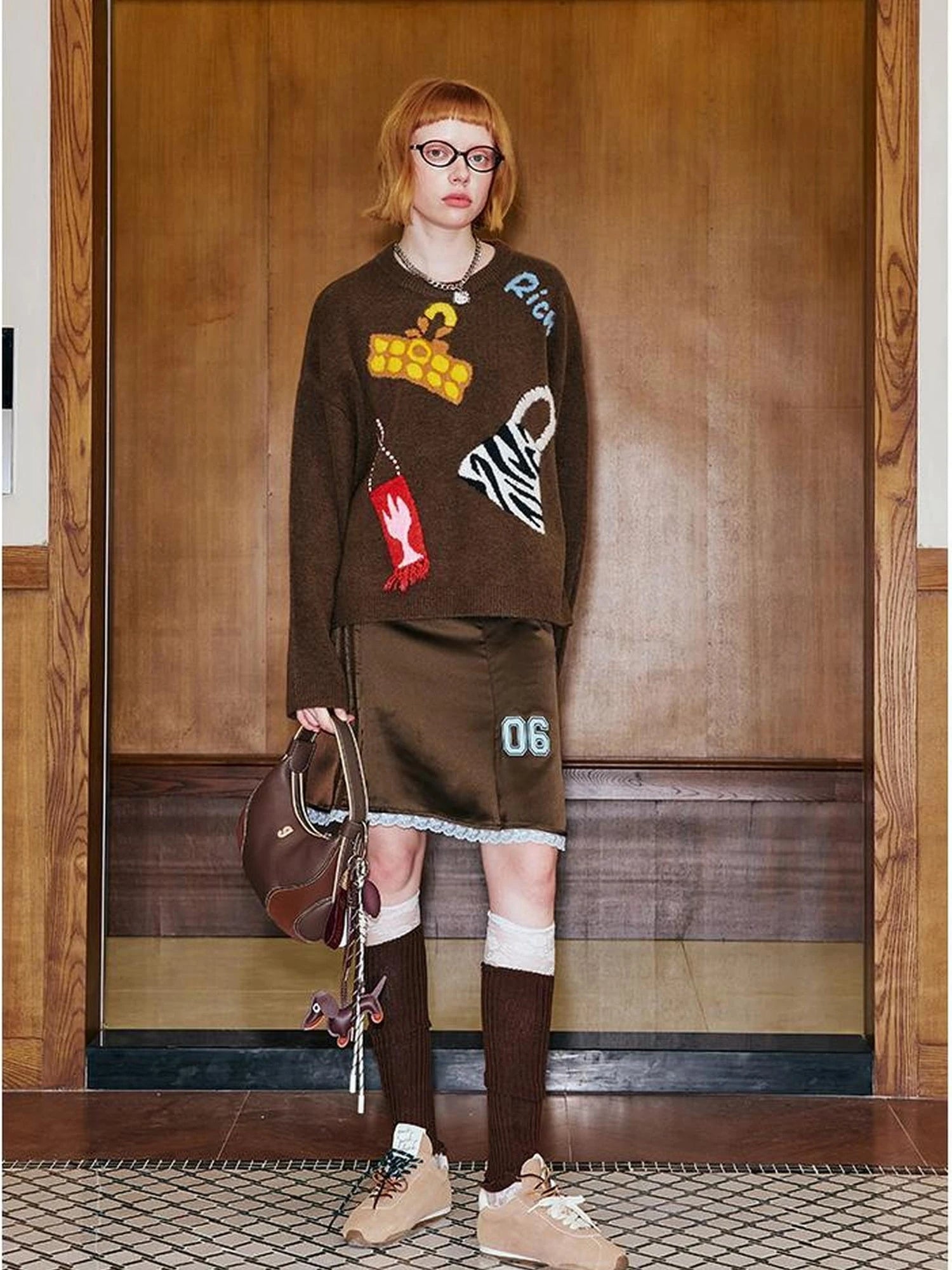 Fun Colorful Bag Embroidered Knit Sweater