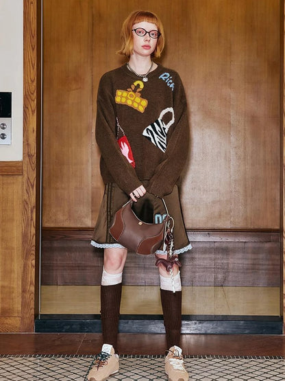 Fun Colorful Bag Embroidered Knit Sweater
