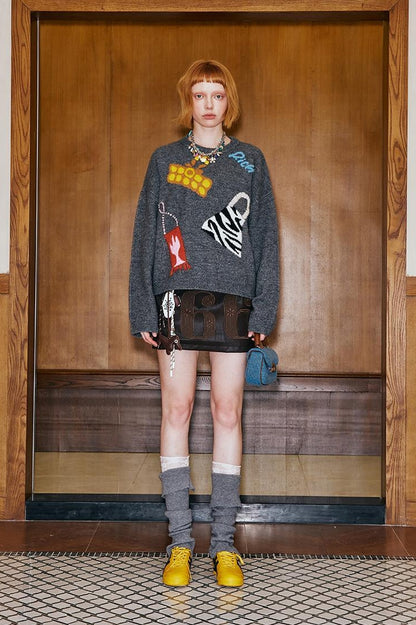 DIDDI MODA Fun Colorful Bag Embroidered Knit Sweater