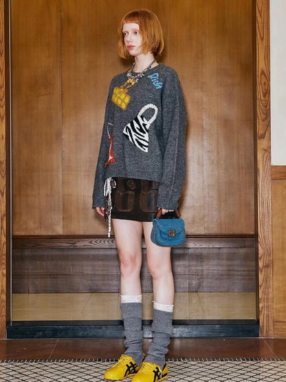 Fun Colorful Bag Embroidered Knit Sweater