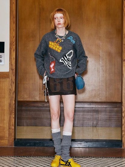 Fun Colorful Bag Embroidered Knit Sweater