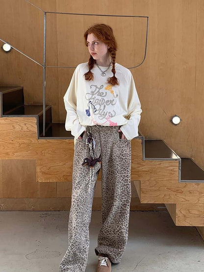 DIDDI MODA Fun Rope Colorful Wheat Print Oversized Knit Tee Bow Silk Blouse