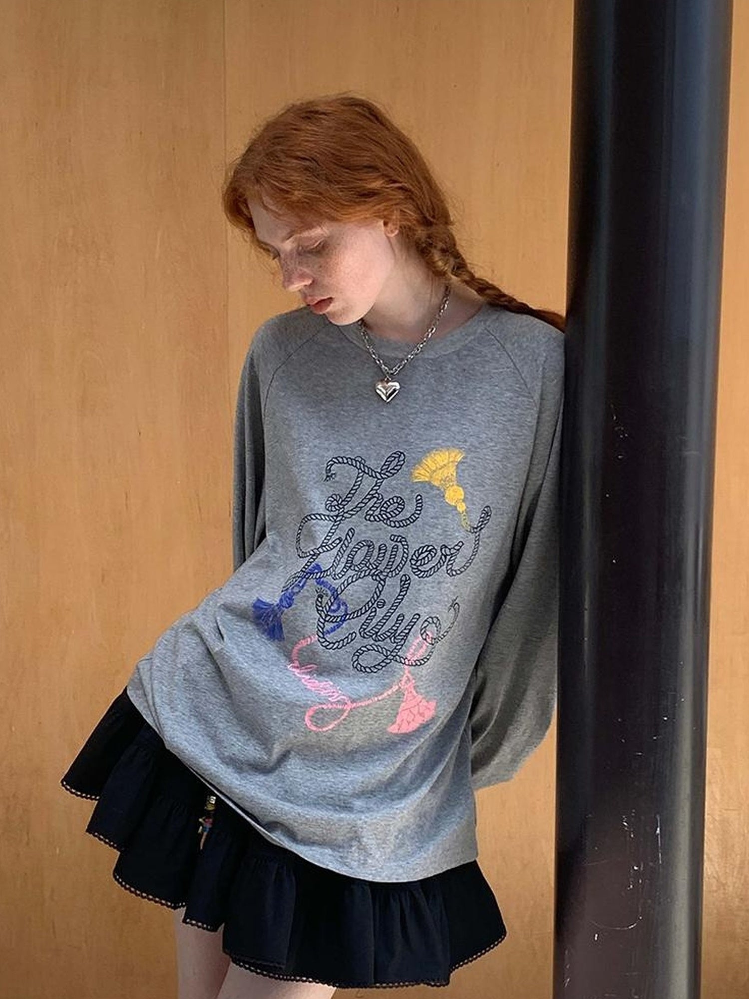 DIDDI MODA Fun Rope Colorful Wheat Print Oversized Knit Tee Bow Silk Blouse