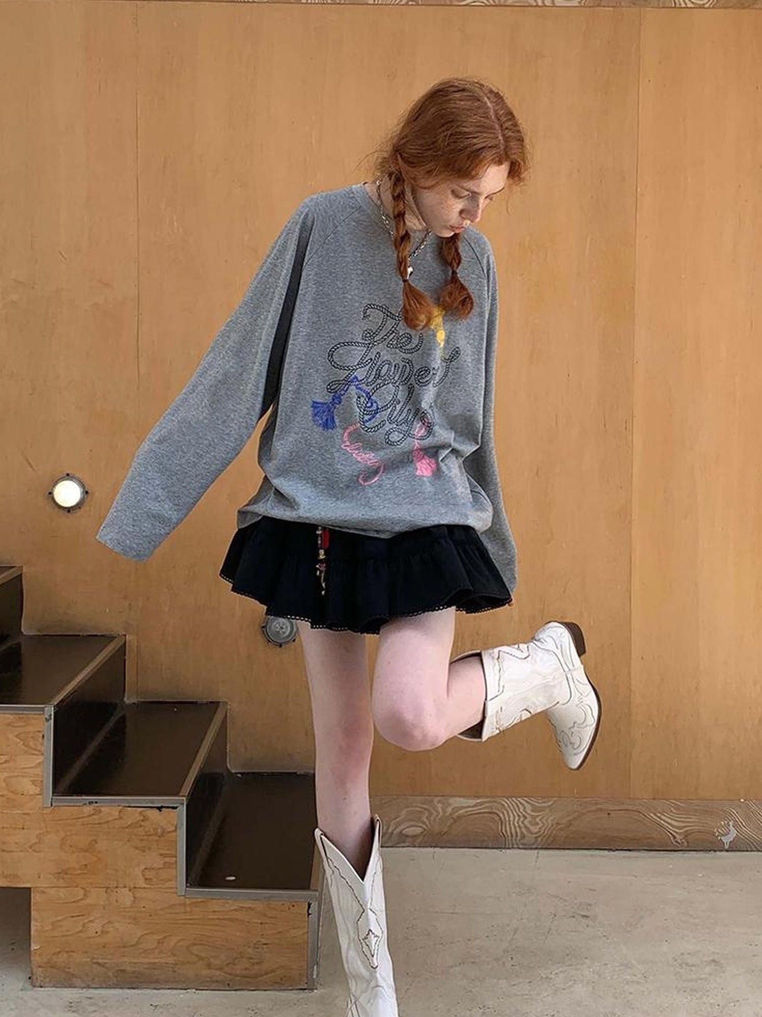 DIDDI MODA Fun Rope Colorful Wheat Print Oversized Knit Tee Bow Silk Blouse
