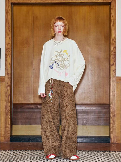 DIDDI MODA Fun Rope Colorful Wheat Print Oversized Knit Tee Bow Silk Blouse