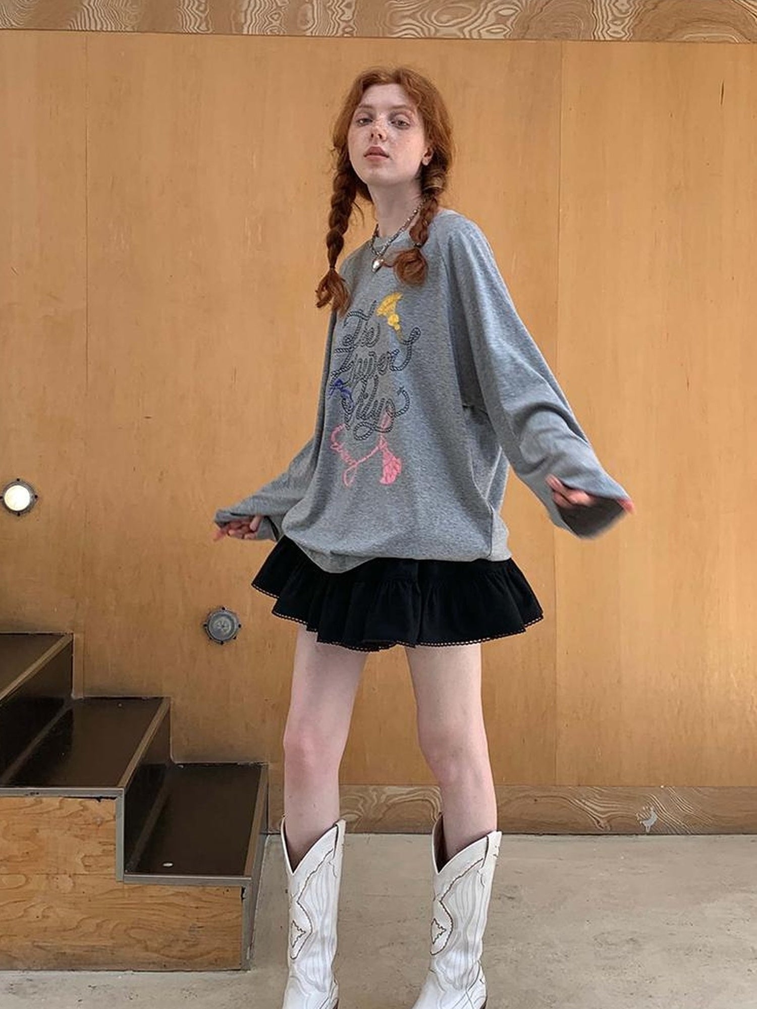 DIDDI MODA Fun Rope Colorful Wheat Print Oversized Knit Tee Bow Silk Blouse