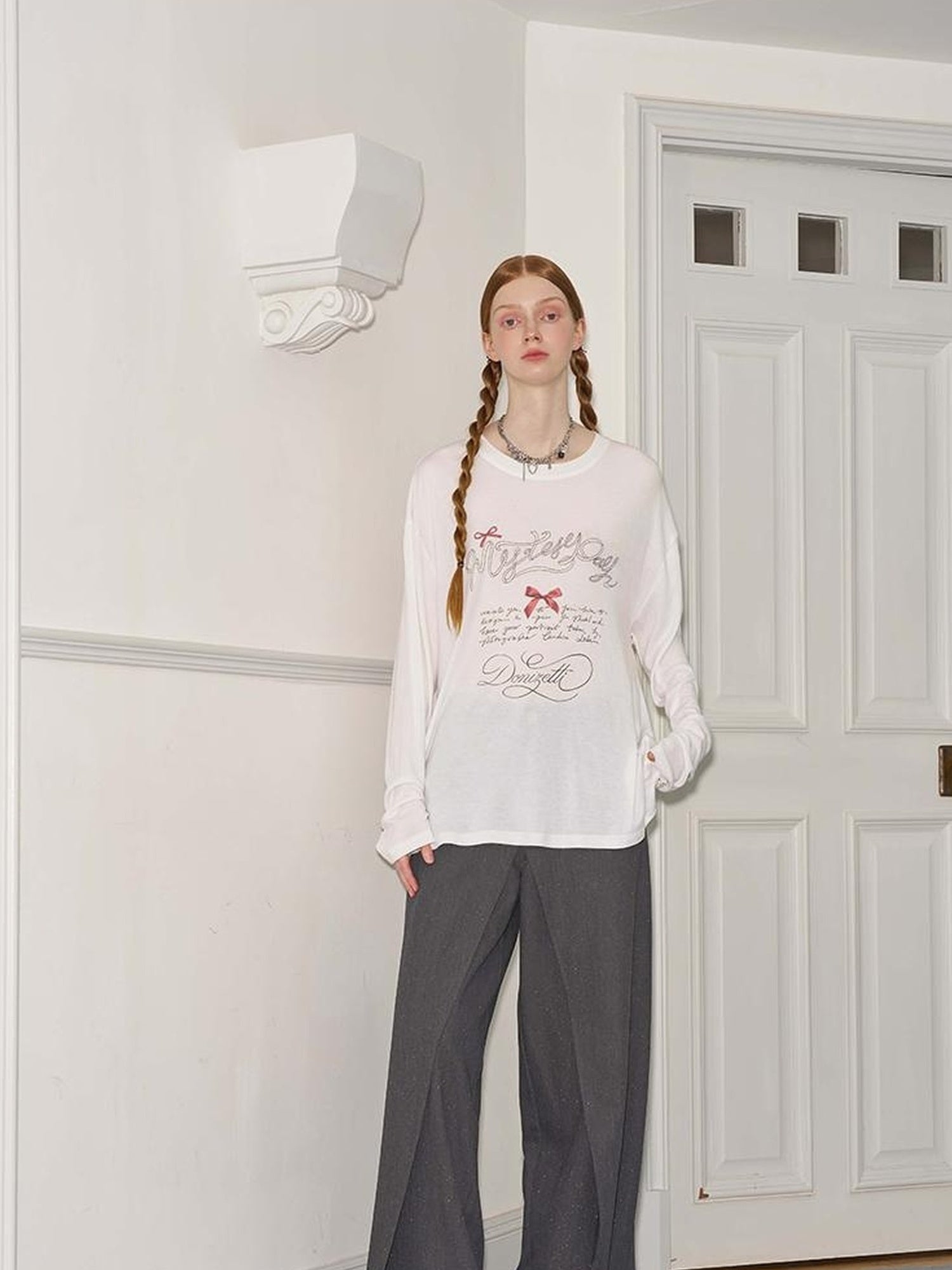 DIDDI MODA Fun Rope Colorful Wheat Print Oversized Knit Tee Bow Silk Blouse