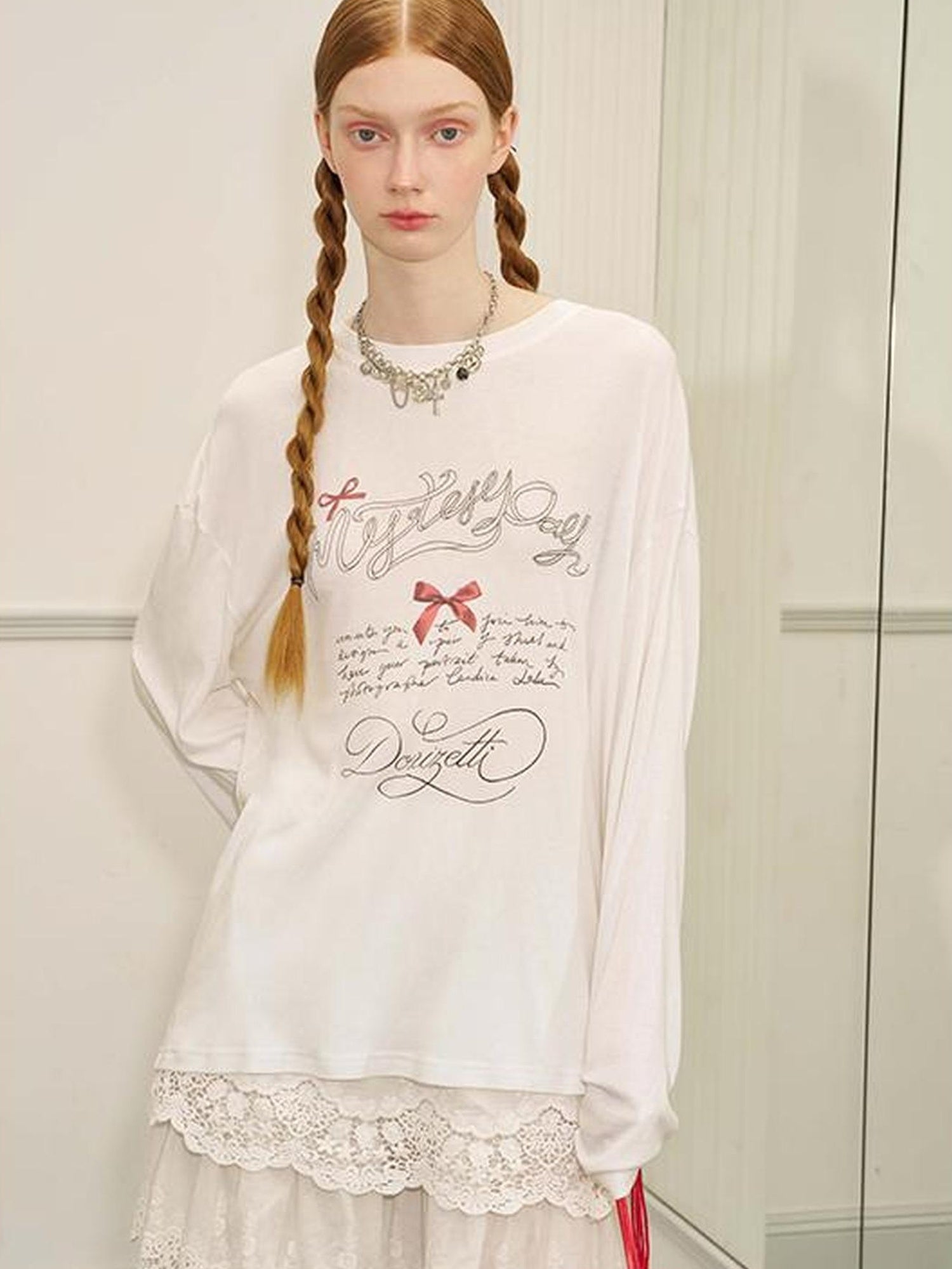 DIDDI MODA Fun Rope Colorful Wheat Print Oversized Knit Tee Bow Silk Blouse