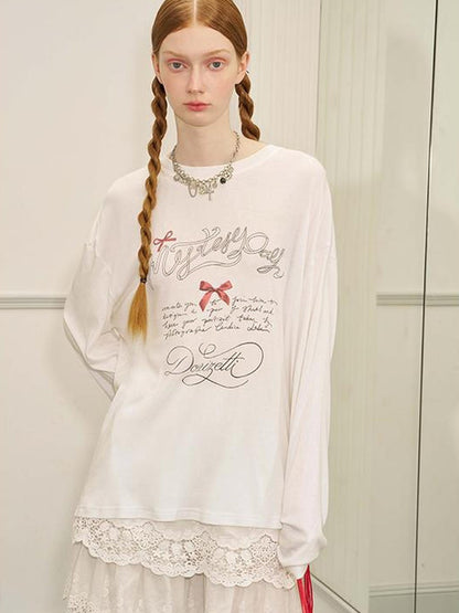 DIDDI MODA Fun Rope Colorful Wheat Print Oversized Knit Tee Bow Silk Blouse