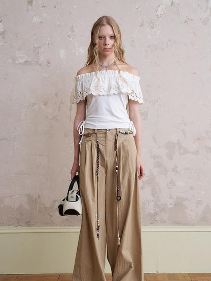 DIDDI MODA Funny Puppy Print Loose Cotton Tee Beaded Wide Leg Pants Set