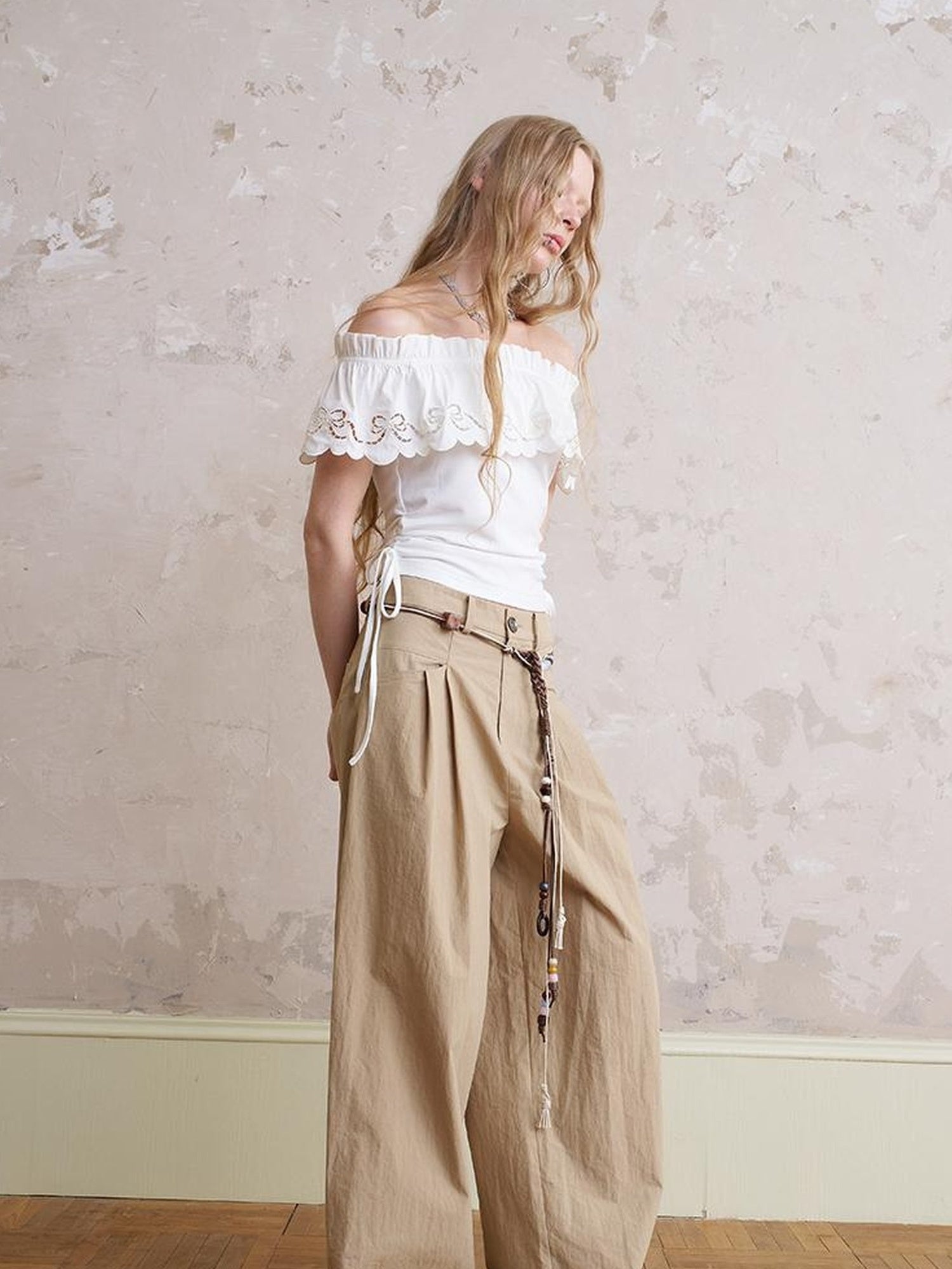 DIDDI MODA Funny Puppy Print Loose Cotton Tee Beaded Wide Leg Pants Set