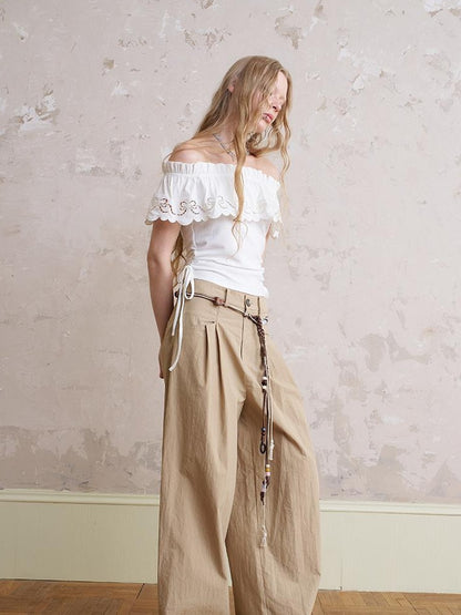 DIDDI MODA Funny Puppy Print Loose Cotton Tee Beaded Wide Leg Pants Set