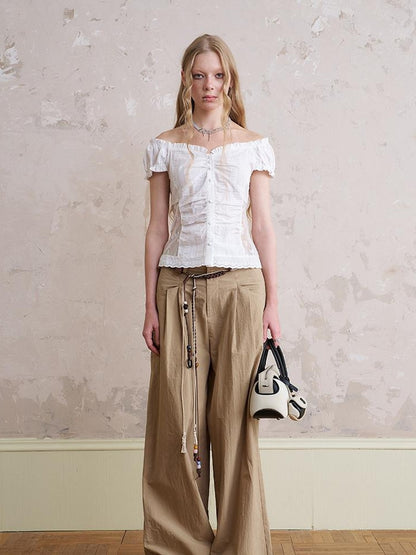DIDDI MODA Funny Puppy Print Loose Cotton Tee Beaded Wide Leg Pants Set