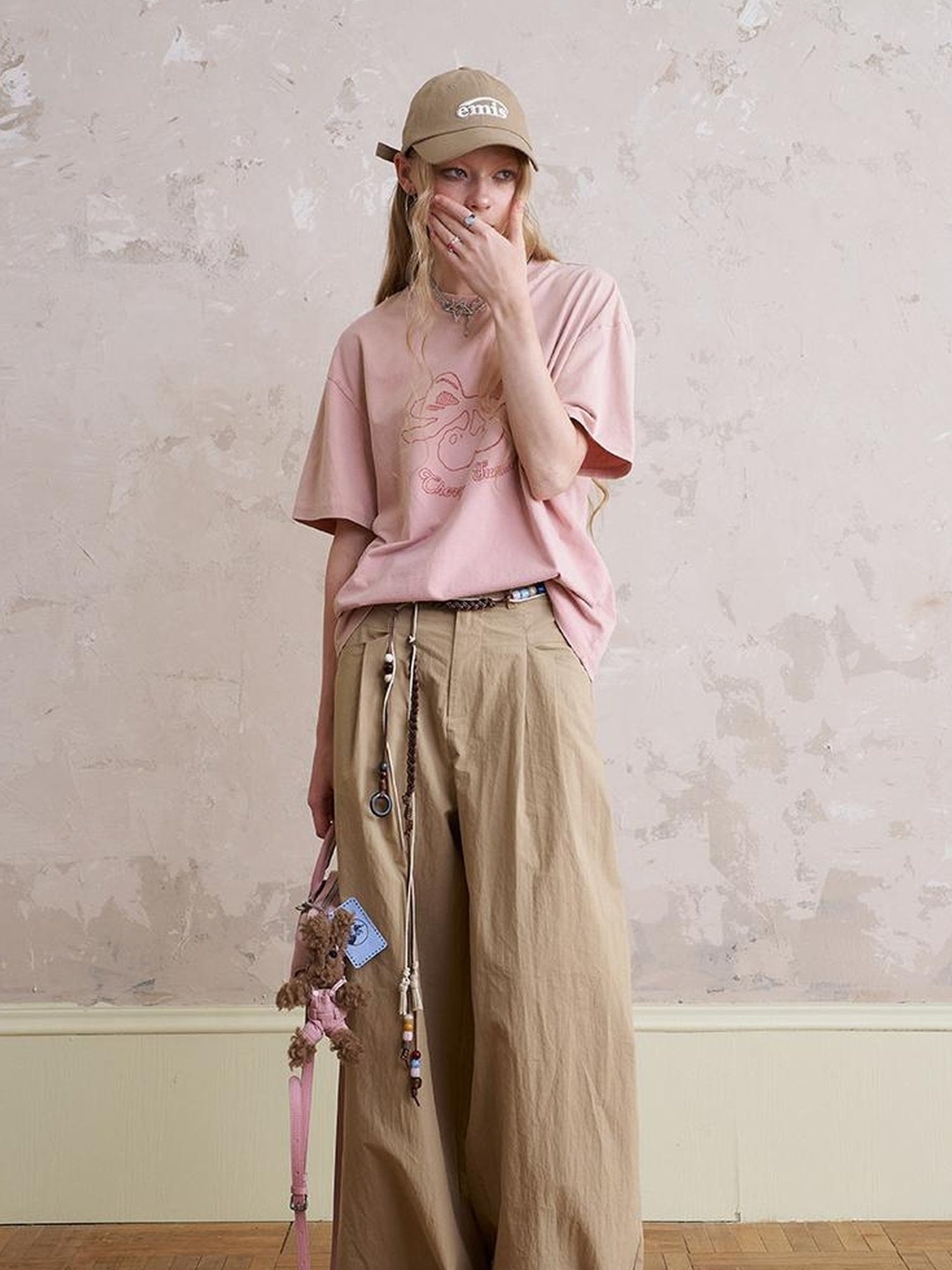 DIDDI MODA Funny Puppy Print Loose Cotton Tee Beaded Wide Leg Pants Set