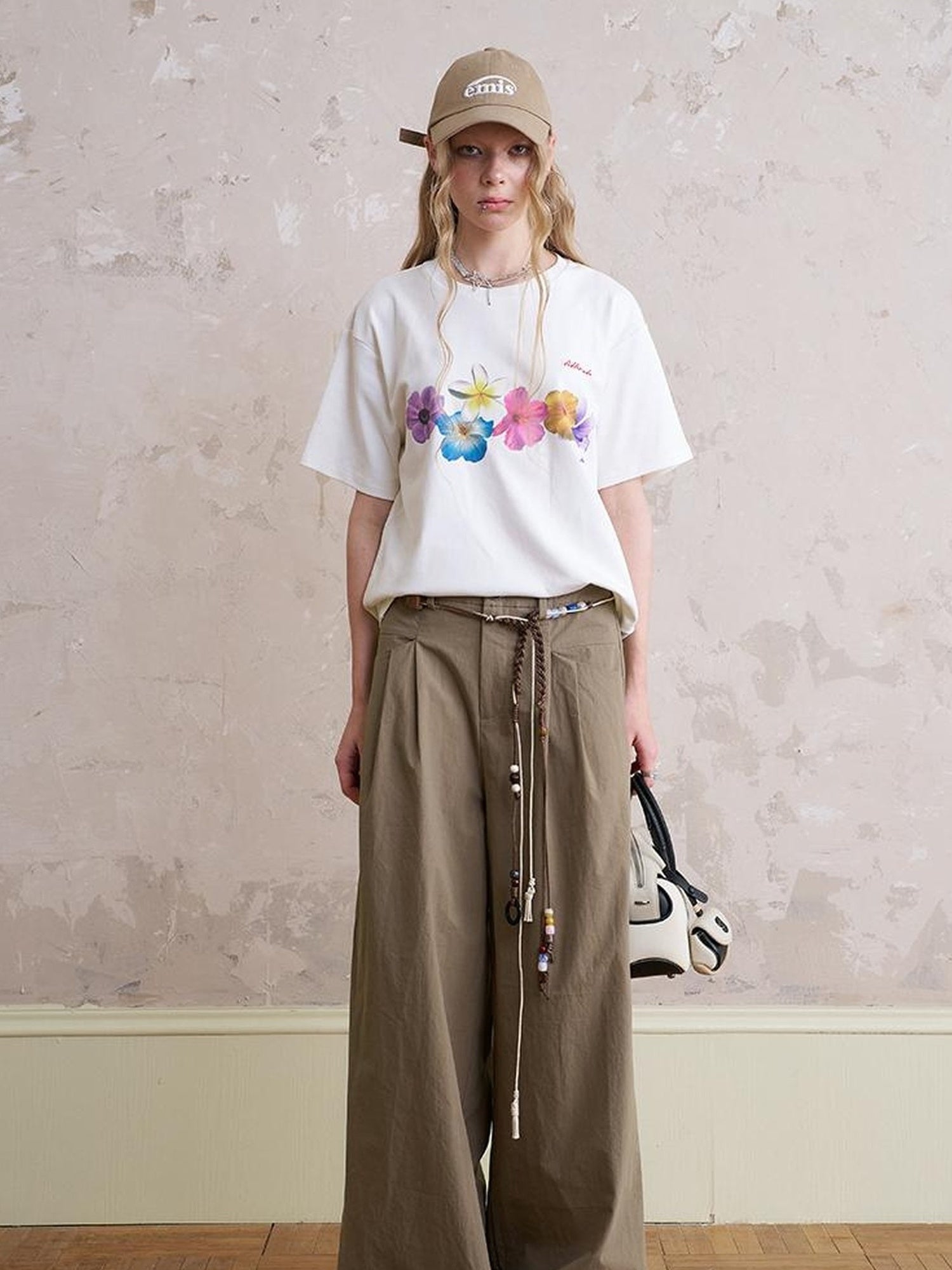 DIDDI MODA Funny Puppy Print Loose Cotton Tee Beaded Wide Leg Pants Set