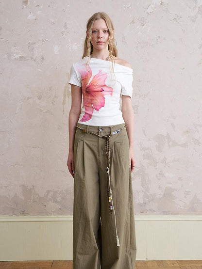 DIDDI MODA Funny Puppy Print Loose Cotton Tee Beaded Wide Leg Pants Set