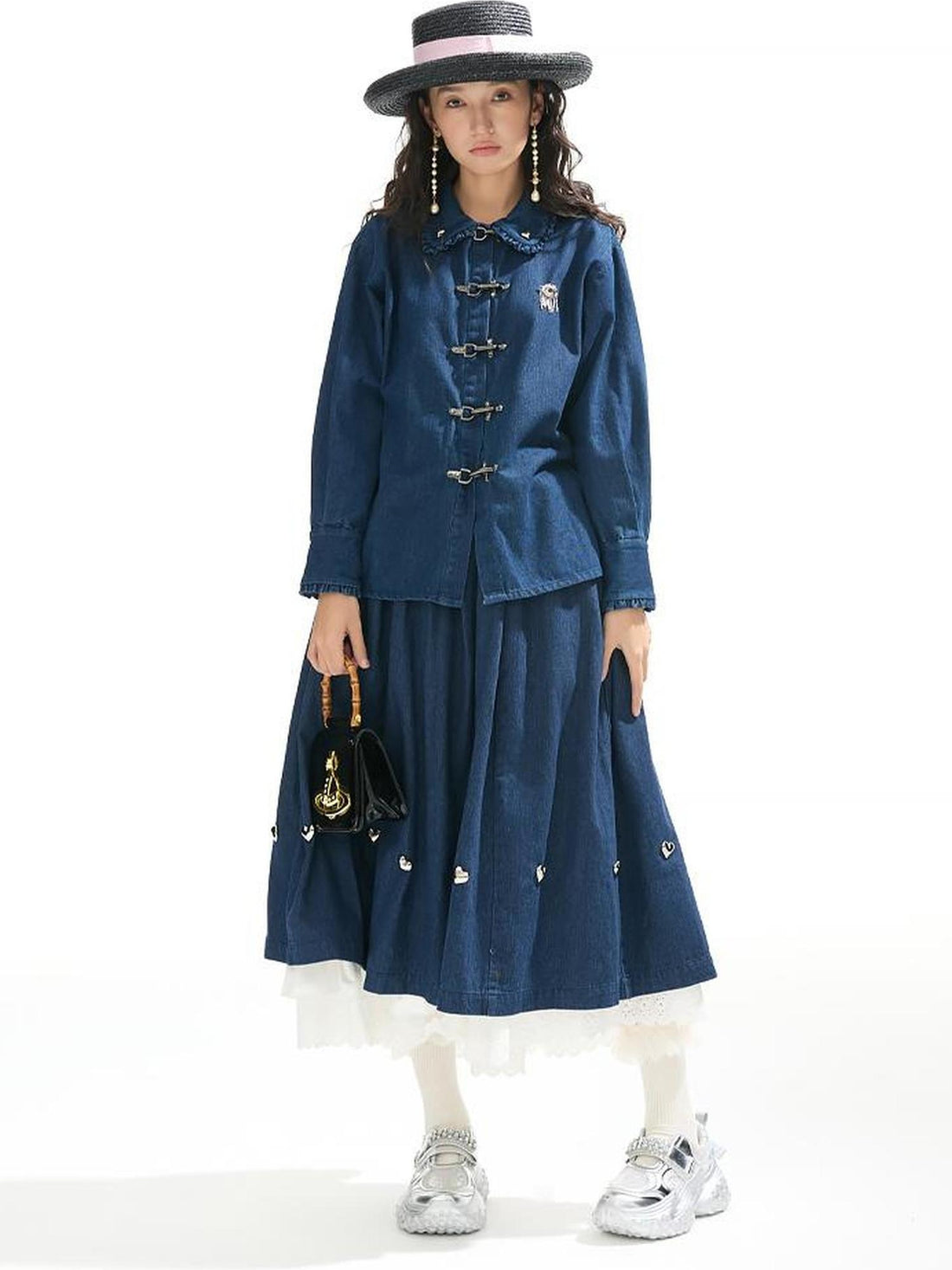 Sweet Mi Future Goth Denim Punk Shirt Skirt Set