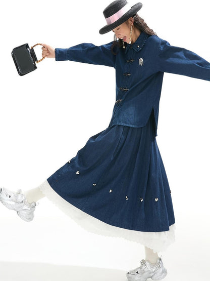 Sweet Mi Future Goth Denim Punk Shirt Skirt Set
