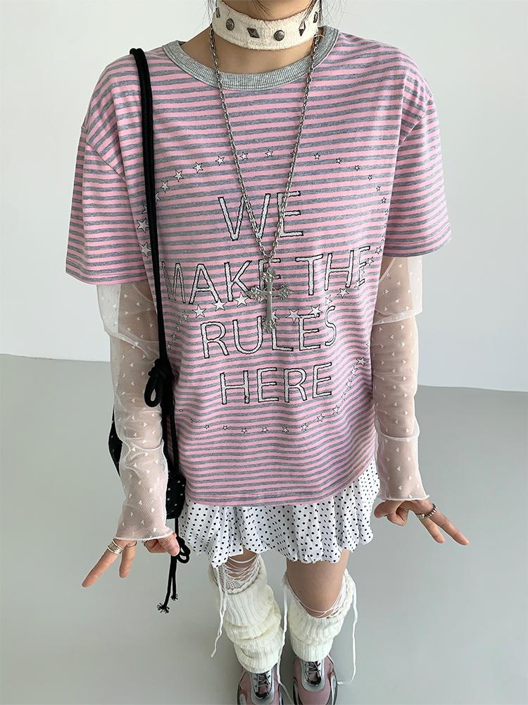 Galaxy Print Stripe Color Block Loose Casual T-shirt