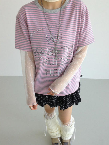Galaxy Print Stripe Color Block Loose Casual T-shirt