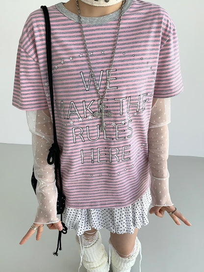 Galaxy Print Stripe Color Block Loose Casual T-shirt