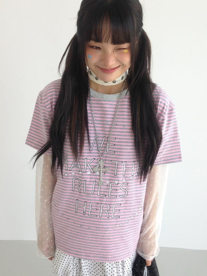 Galaxy Print Stripe Color Block Loose Casual T-shirt