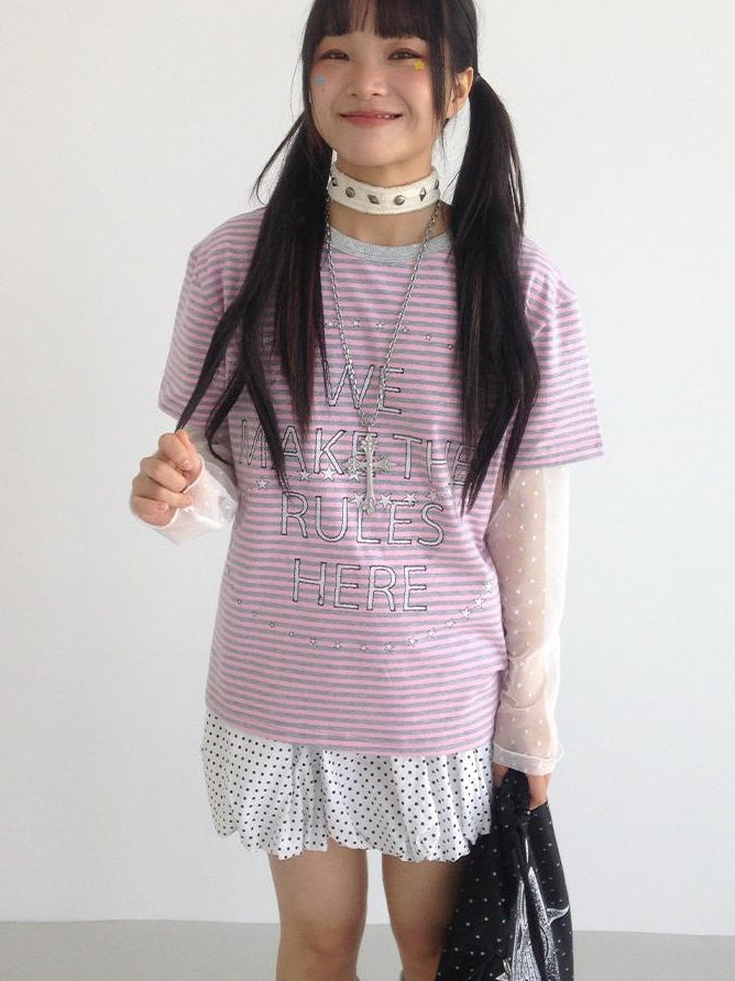 Galaxy Print Stripe Color Block Loose Casual T-shirt