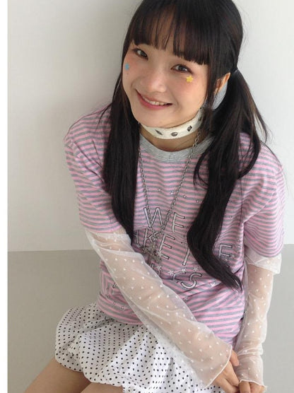 Galaxy Print Stripe Color Block Loose Casual T-shirt