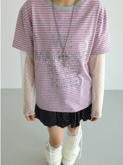 Galaxy Print Stripe Color Block Loose Casual T-shirt