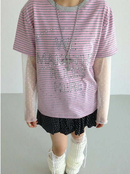 Galaxy Print Stripe Color Block Loose Casual T-Shirt