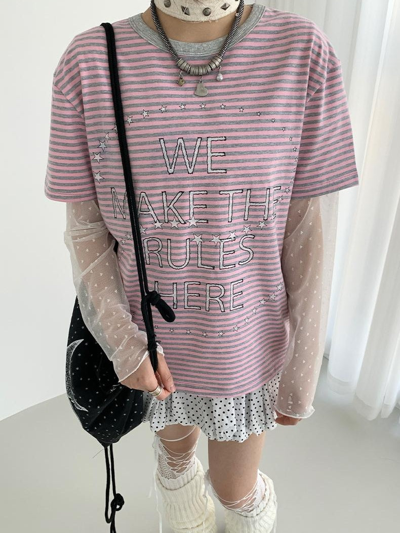 Galaxy Print Stripe Color Block Loose Casual T-shirt