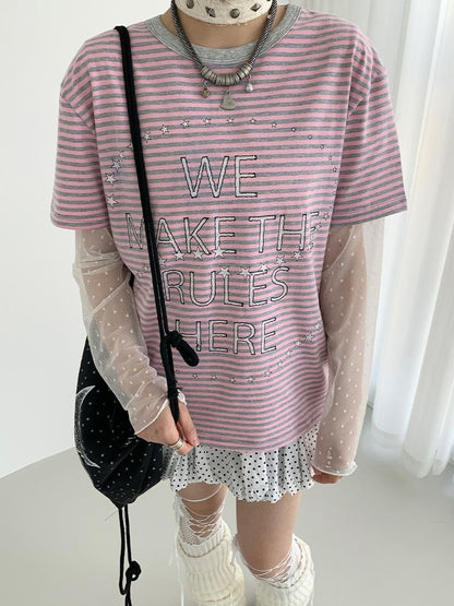 Galaxy Print Stripe Color Block Loose Casual T-shirt