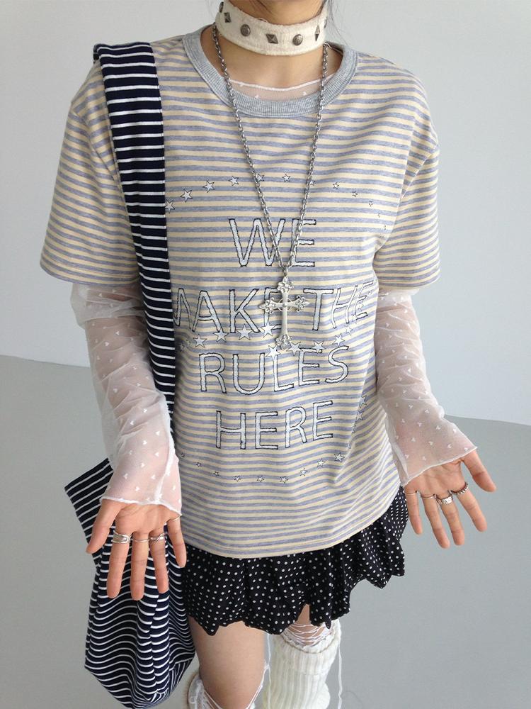 Galaxy Print Stripe Color Block Loose Casual T-shirt