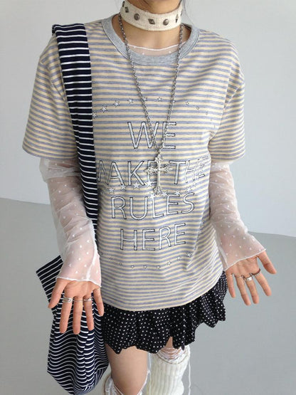 Galaxy Print Stripe Color Block Loose Casual T-shirt