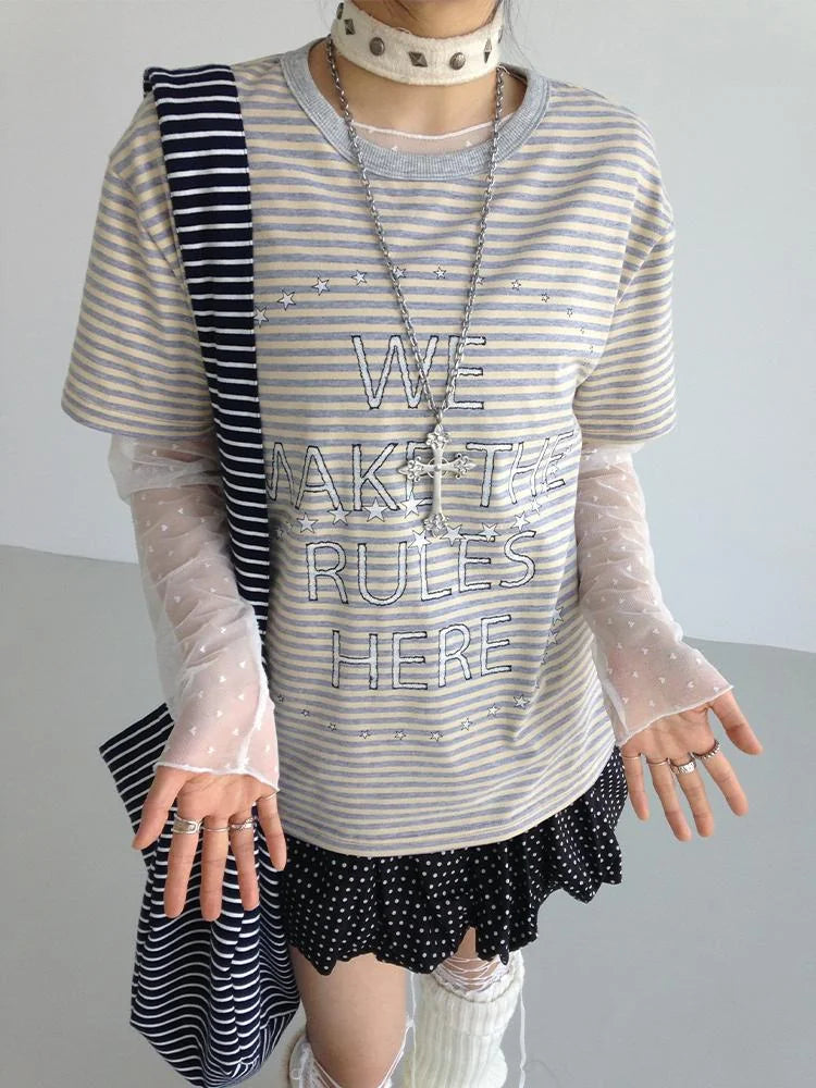 Galaxy Print Stripe Color Block Loose Casual T-Shirt