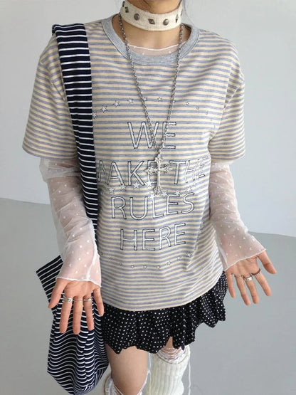 Galaxy Print Stripe Color Block Loose Casual T-Shirt