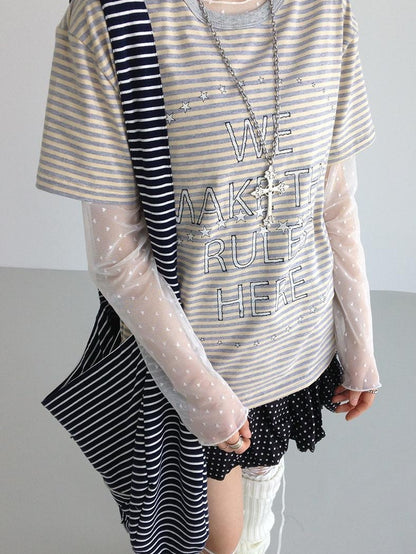 Galaxy Print Stripe Color Block Loose Casual T-shirt