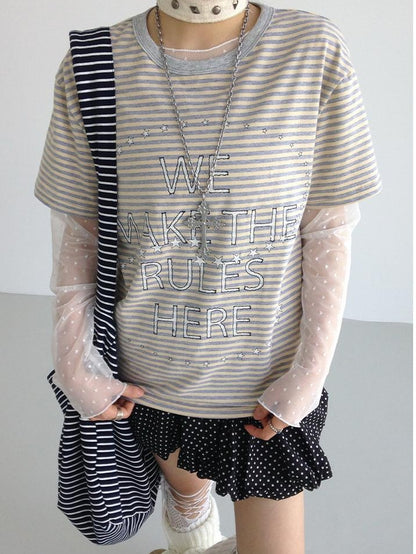 Galaxy Print Stripe Color Block Loose Casual T-shirt