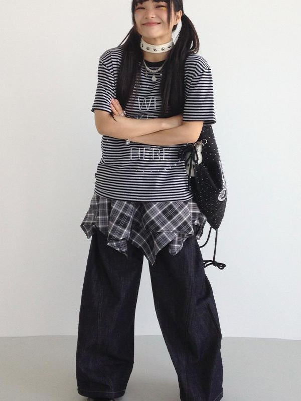 Galaxy Print Stripe Color Block Loose Casual T-shirt