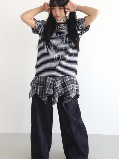 Galaxy Print Stripe Color Block Loose Casual T-shirt