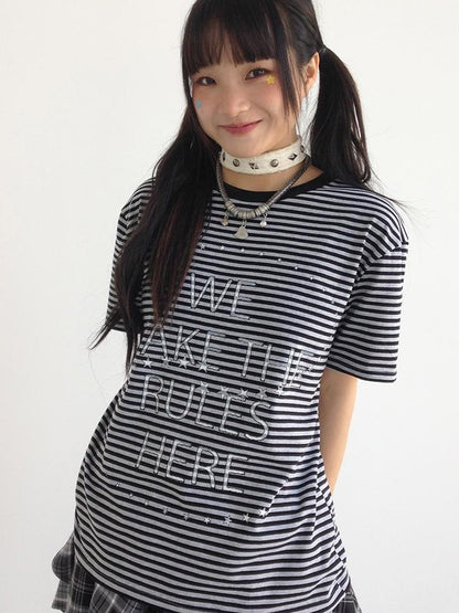 Galaxy Print Stripe Color Block Loose Casual T-shirt